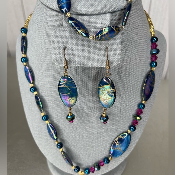 Statement Necklace Beaded Pendants Blue Purple Swirl Matching Earrings Bracelet - Picture 4 of 9